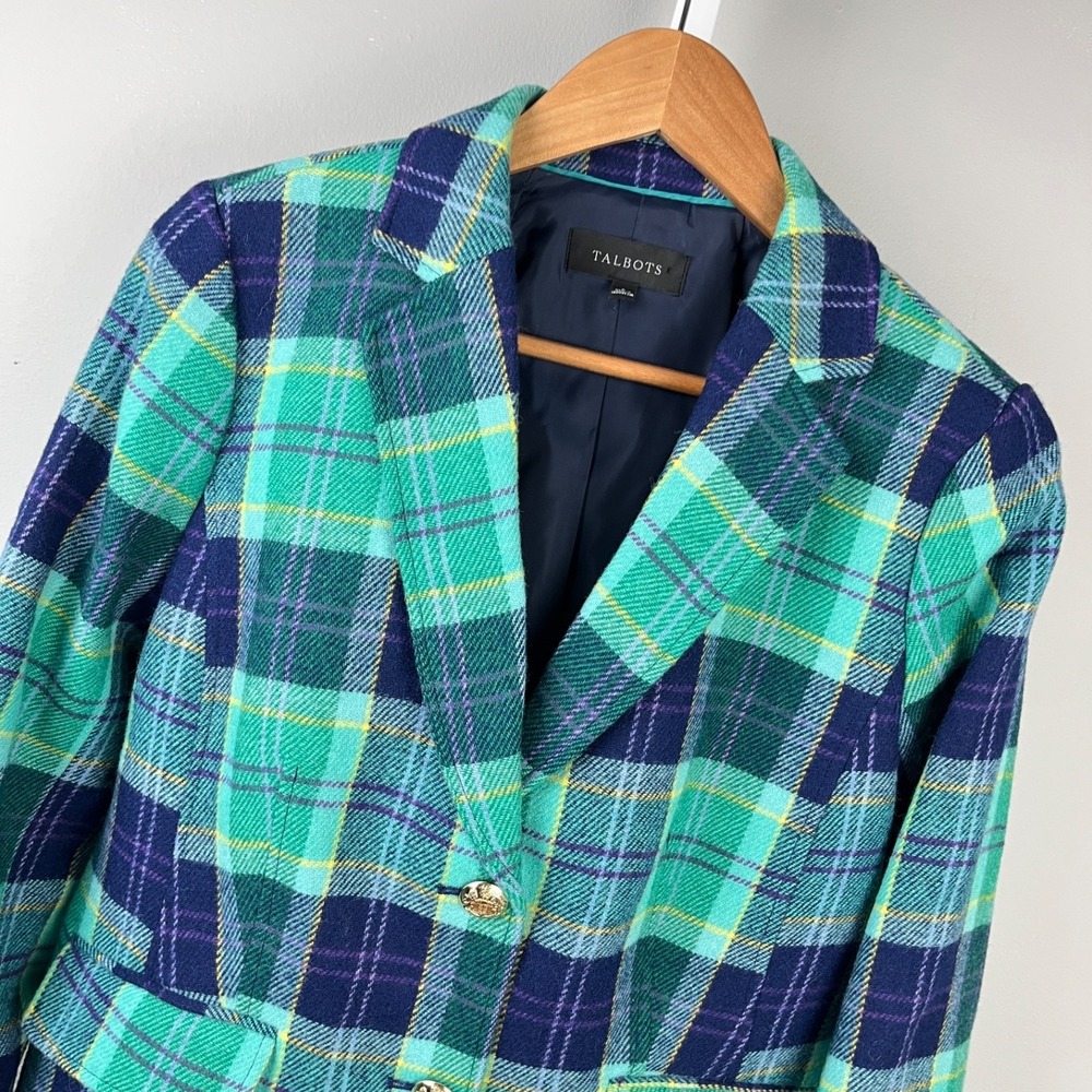Talbots Wool Blend Blazer Womens 8 Navy Blue Teal Plaid Jacket Preppy Academia